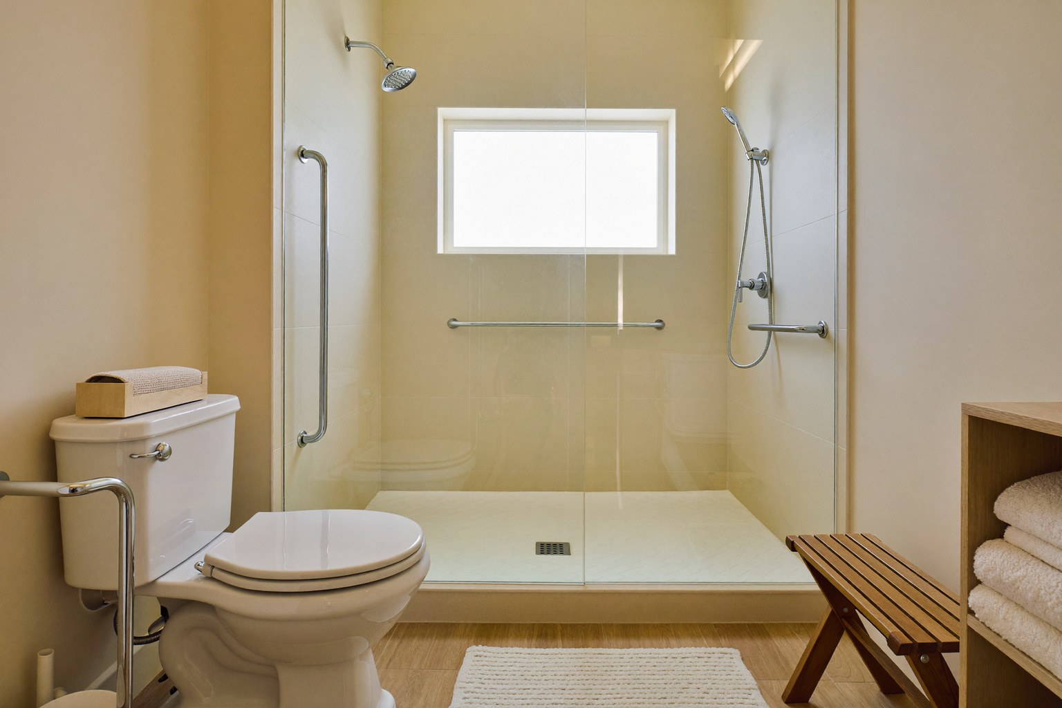 Bathroom with grab bars and a nonskid mat to help prevent falls
